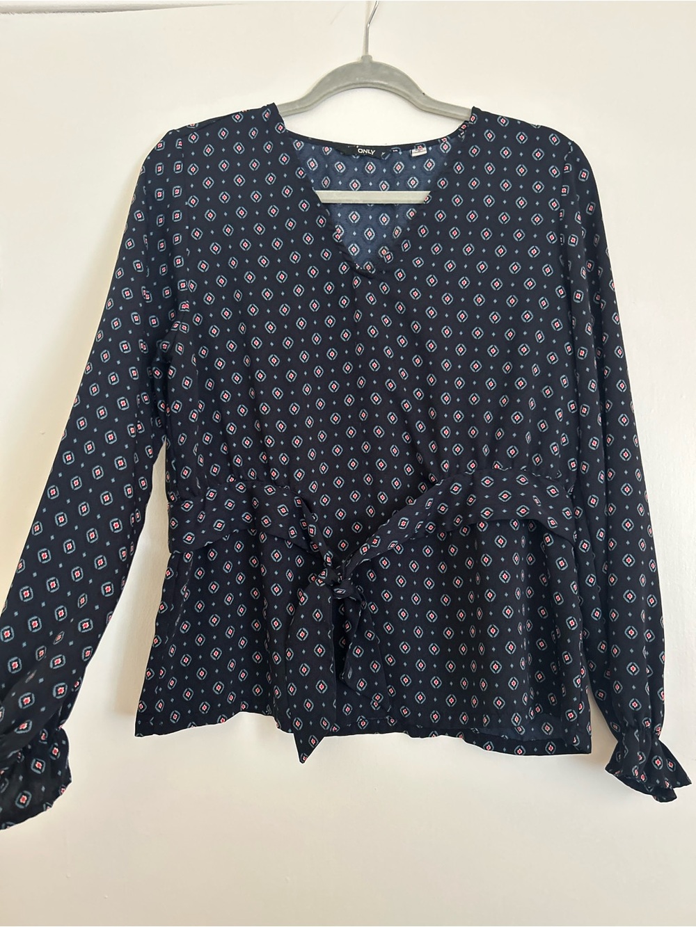 Only Navy Print Tie-Front Long Sleeve Blouse